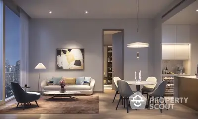 Chic modern apartment interior with open-plan living space, elegant furniture, and a seamless transition from the cozy living area to the sophisticated dining and kitchen zone.