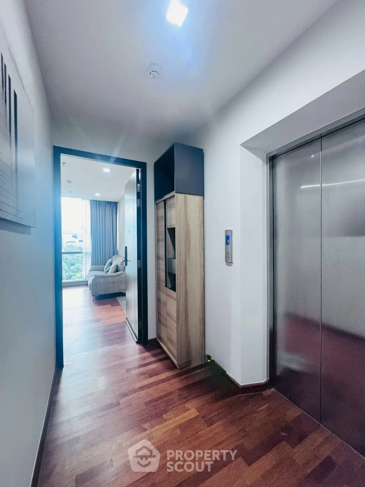 Modern apartment entrance with elevator and cozy interior view