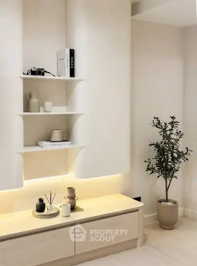 Modern minimalist living room with stylish shelving and decor