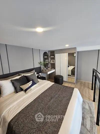 Modern bedroom with stylish decor and cozy ambiance