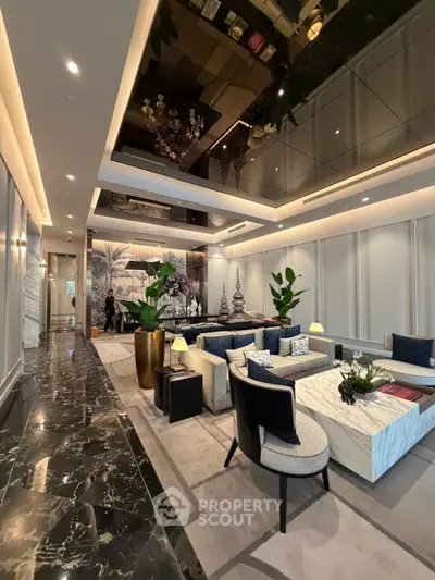 Luxurious modern living room with elegant decor and high ceilings