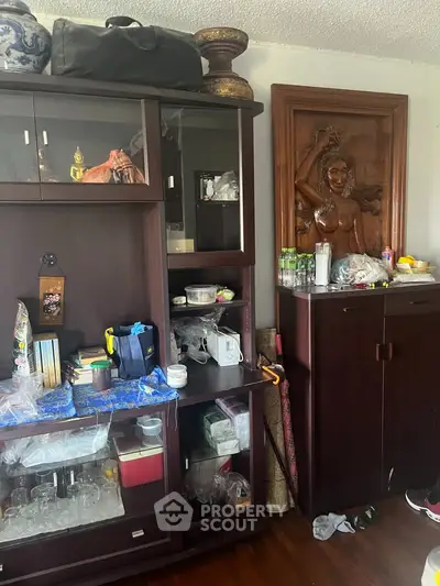 Cozy living room with wooden cabinets and decorative art piece, showcasing ample storage space.