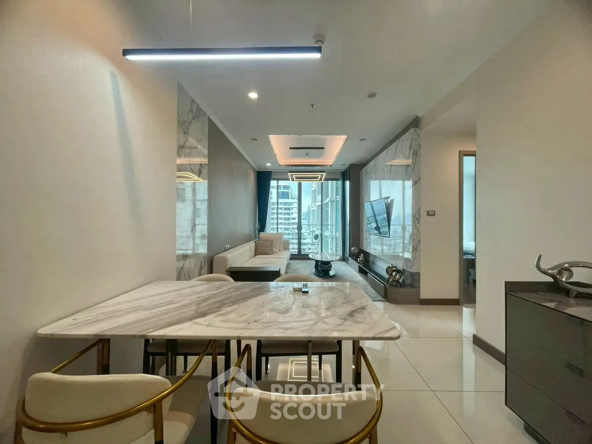 Luxurious modern living room with marble dining table and city view, perfect for urban living.