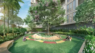 Luxurious garden area with lush greenery and pet-friendly amenities in modern residential complex.