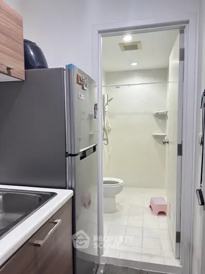 Compact kitchen with adjacent bathroom in modern apartment