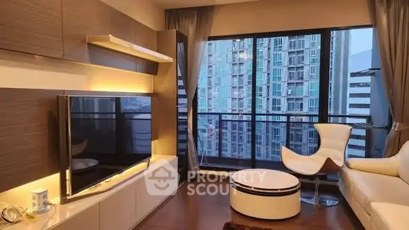 Modern living room with large window and city view, stylish furniture and elegant decor.