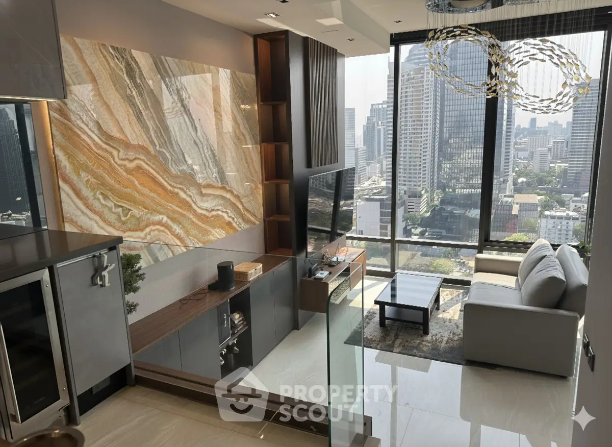 Luxurious living room with stunning city view and modern decor