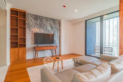 Luxurious modern living room with stylish furniture and large window balcony view