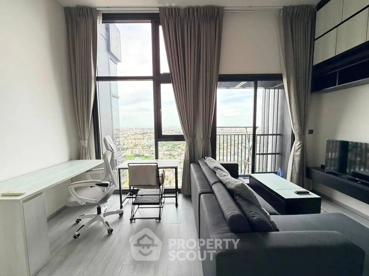 Modern living room with panoramic city view and stylish furniture