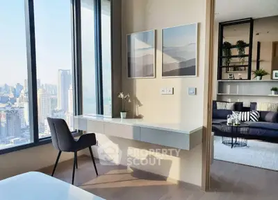 Modern apartment with stunning city view, stylish decor, and cozy living area.