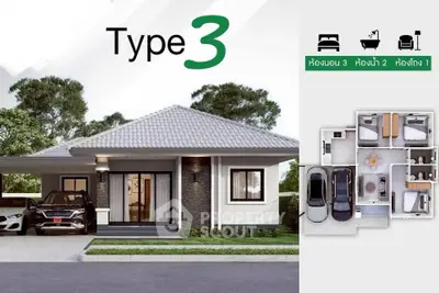 Modern single-story house with carport and floor plan, ideal for family living.