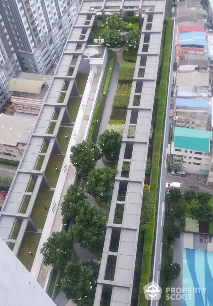 Stunning aerial view of modern rooftop garden in urban high-rise building