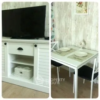 Charming living room with stylish TV stand and cozy dining area, perfect for modern living.