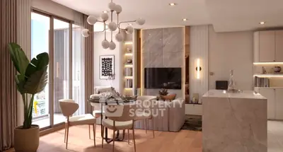 Luxurious modern living room with open kitchen, elegant decor, and city view balcony.