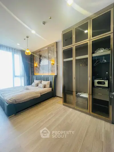 Luxurious bedroom with modern decor and spacious wardrobe