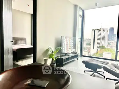 Modern apartment with city view, stylish living room, and cozy bedroom.