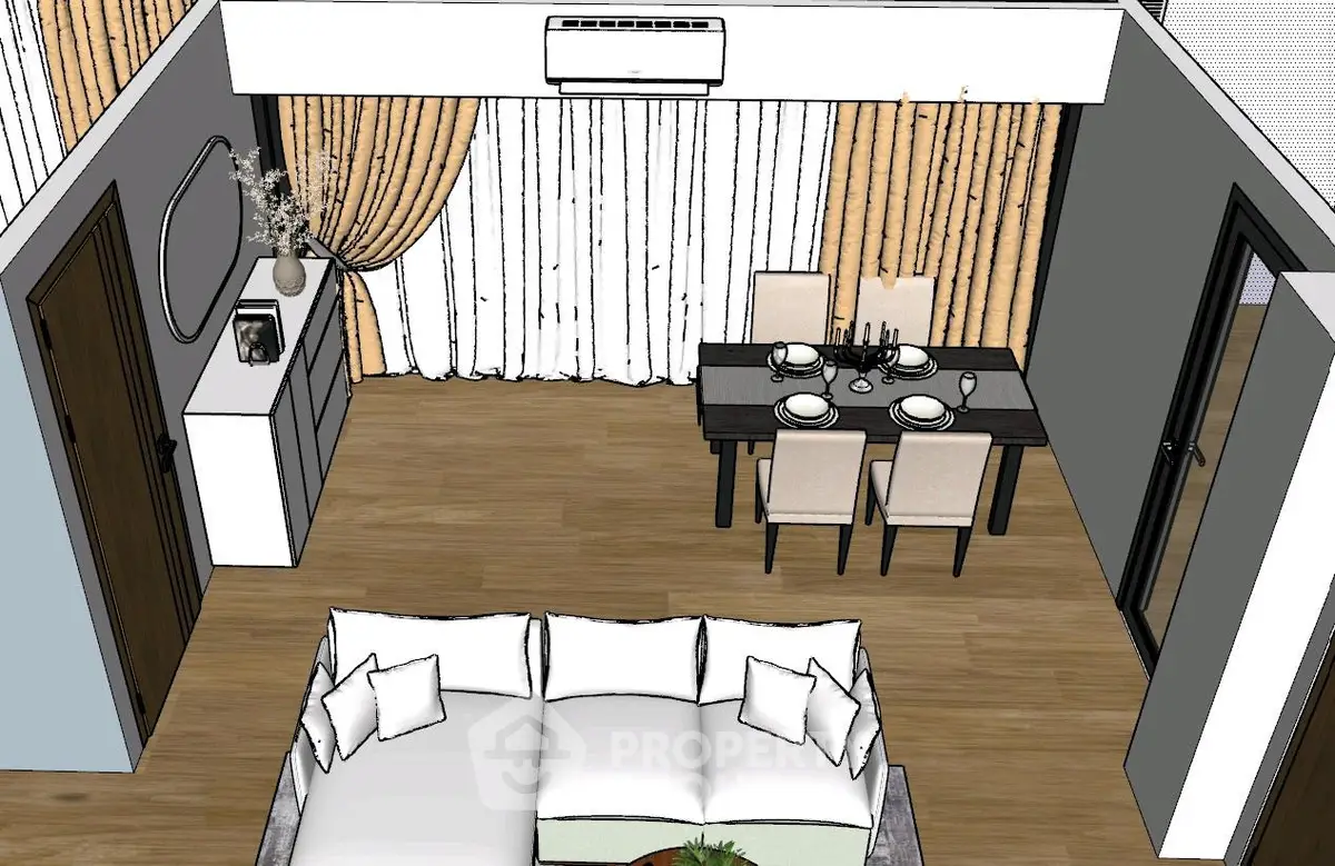 Modern living room with dining area and stylish decor