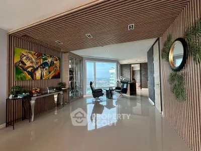 Luxurious modern living room with panoramic city view and stylish decor