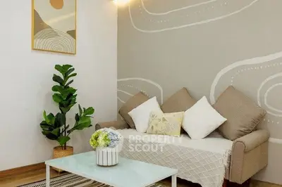 Cozy living room with modern decor and stylish wall art