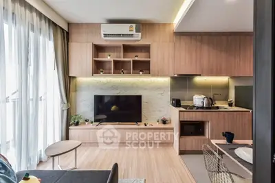 Modern living room with stylish wooden cabinetry and sleek TV setup