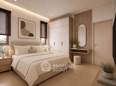 Elegant modern bedroom with neutral tones and stylish decor