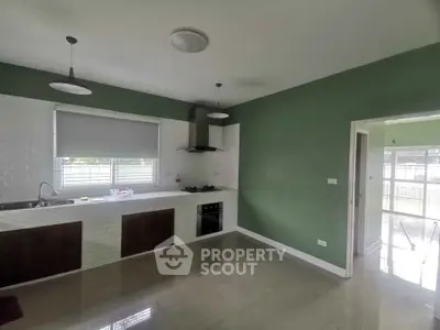 Modern kitchen with green walls and sleek cabinetry in a bright home