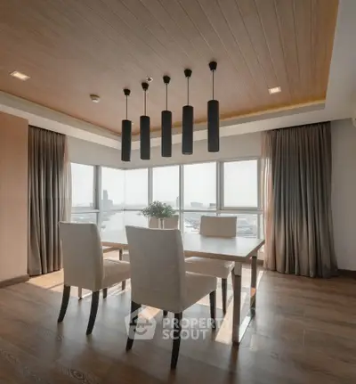 Elegant dining area with panoramic city views and modern lighting