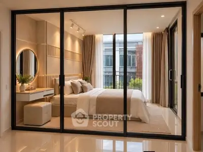 Luxurious modern bedroom with floor-to-ceiling windows and elegant decor