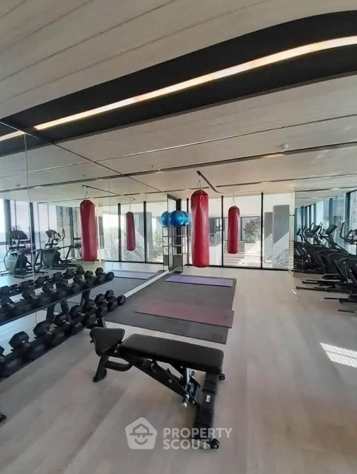 Modern gym with punching bags, weights, and exercise equipment in luxury building.