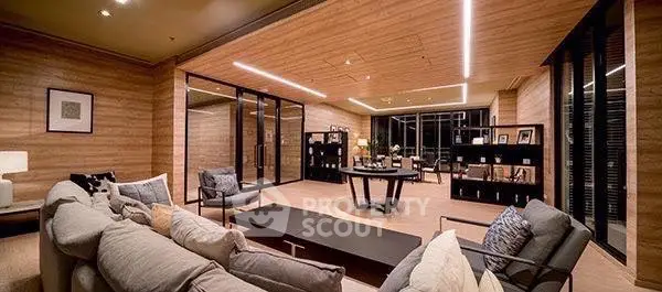 Luxurious modern living room with elegant decor and spacious seating area.