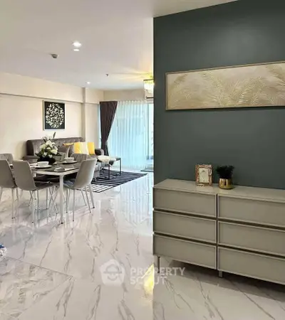 Modern living room with elegant dining area and stylish decor