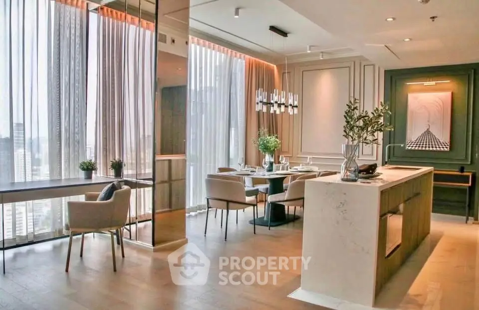 Luxurious modern dining area with floor-to-ceiling windows and elegant decor