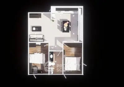 Modern apartment floor plan with two bedrooms and open living area.