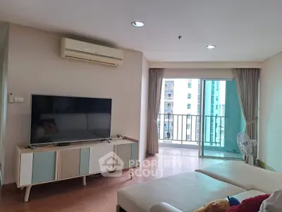 Modern living room with balcony view in a stylish apartment