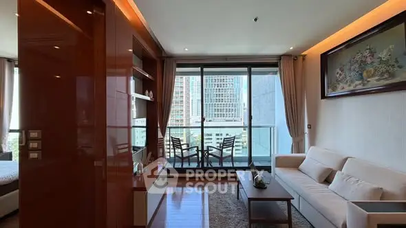 Luxurious living room with city view and elegant decor