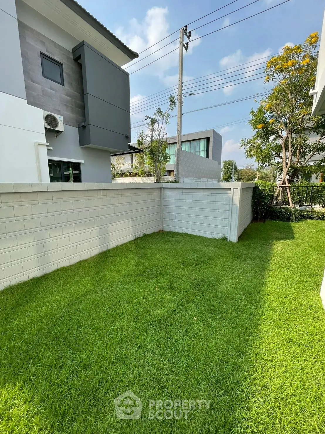 Modern residential backyard with lush green lawn and contemporary architecture.