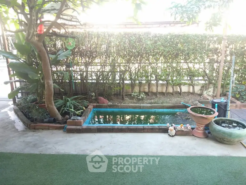 Charming garden with small pond and lush greenery, perfect for relaxation and outdoor enjoyment.