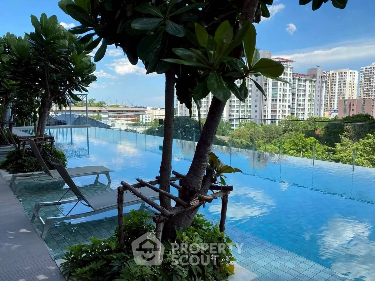 Luxurious rooftop pool with stunning city views and lush greenery, perfect for relaxation and leisure.