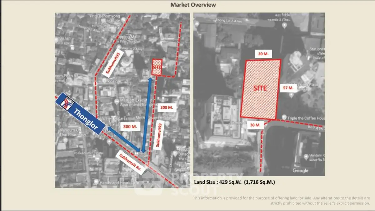Prime real estate market overview map with site dimensions and nearby landmarks.