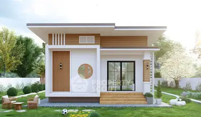 Modern minimalist house exterior with unique design and lush garden