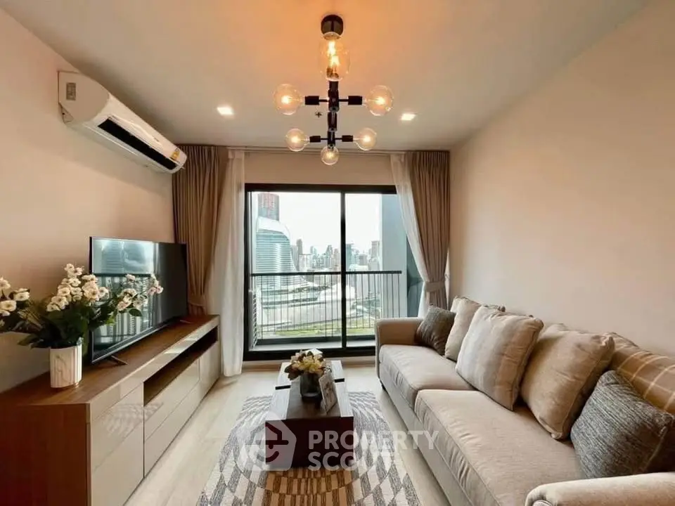 Modern living room with city view, stylish decor, and large windows in a high-rise apartment.