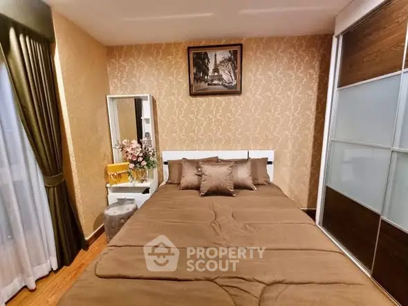 Cozy bedroom with elegant decor and ample storage space