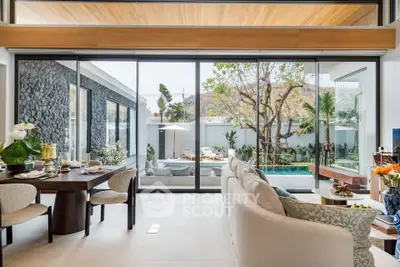 Luxurious living room with pool view and elegant dining area, featuring floor-to-ceiling windows and modern decor.