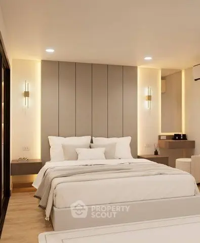 Luxurious modern bedroom with elegant lighting and stylish decor