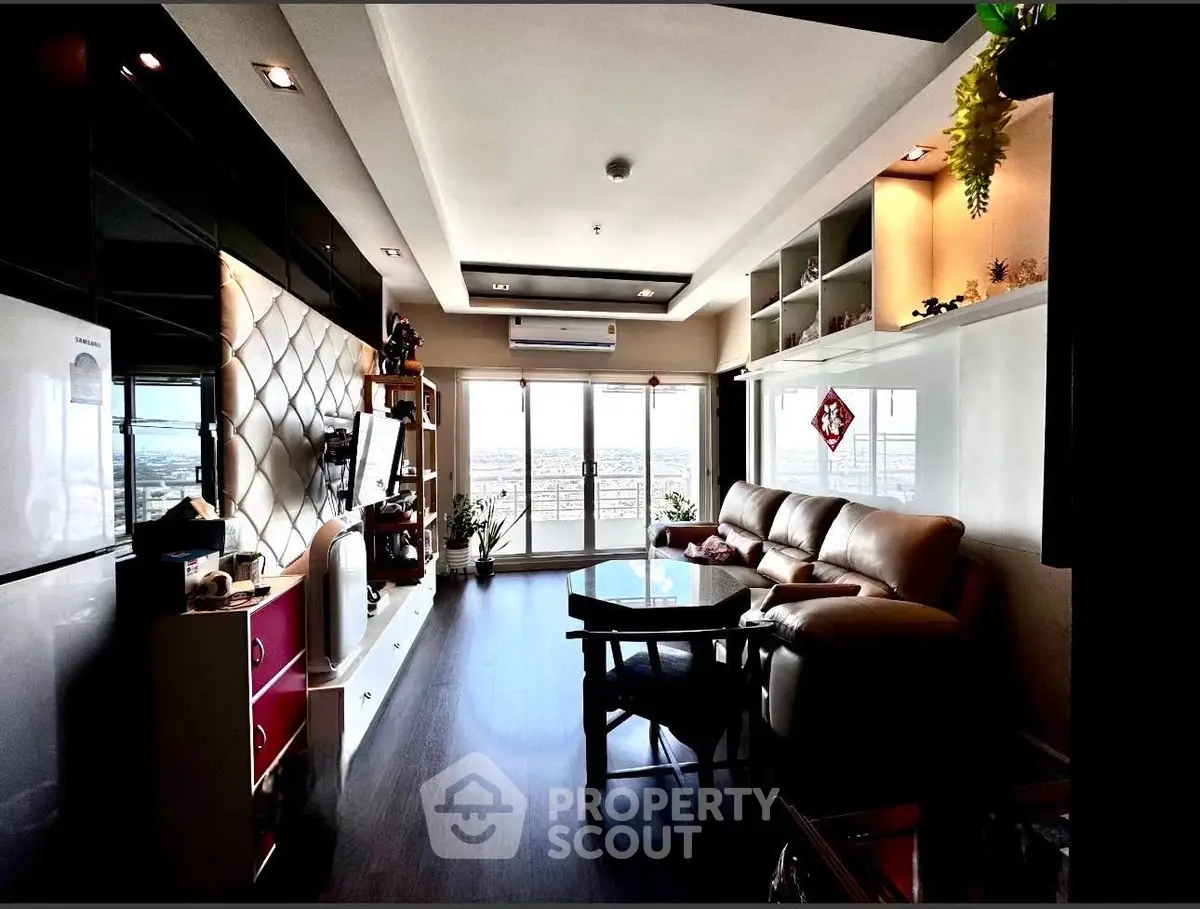 Luxurious living room with panoramic city view and modern decor