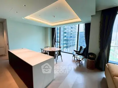 Luxurious modern living room with floor-to-ceiling windows and elegant furniture in a high-rise apartment.