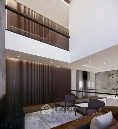 Luxurious modern living room with high ceilings and elegant design features.
