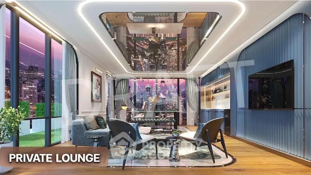 Luxurious private lounge with modern LED lighting, panoramic city views, and stylish furniture, ideal for upscale urban living.