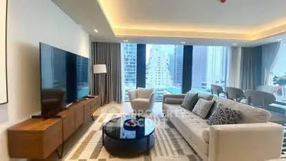 Luxurious modern living room with city view, elegant furniture, and ambient lighting.