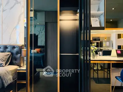 Luxurious modern apartment interior with stylish bedroom and sleek kitchen design.